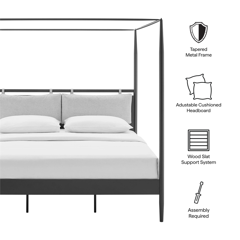 Marlowe 4-Poster Canopy Metal King Platform Bed in Charcoal