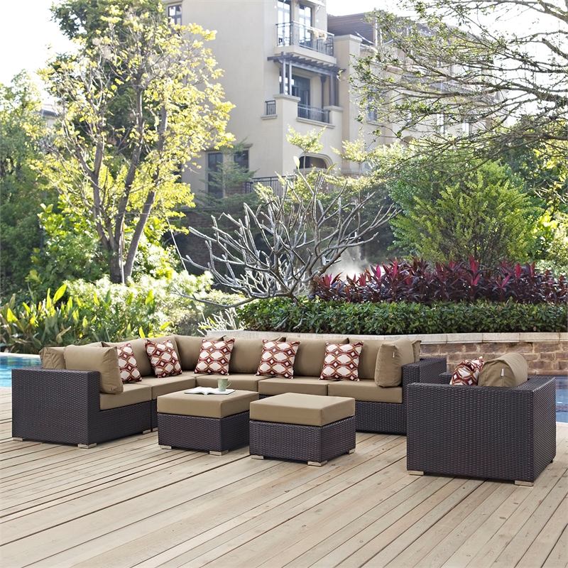 Modway Convene 9 Piece  Outdoor Patio  Sectional Set in Espresso Mocha
