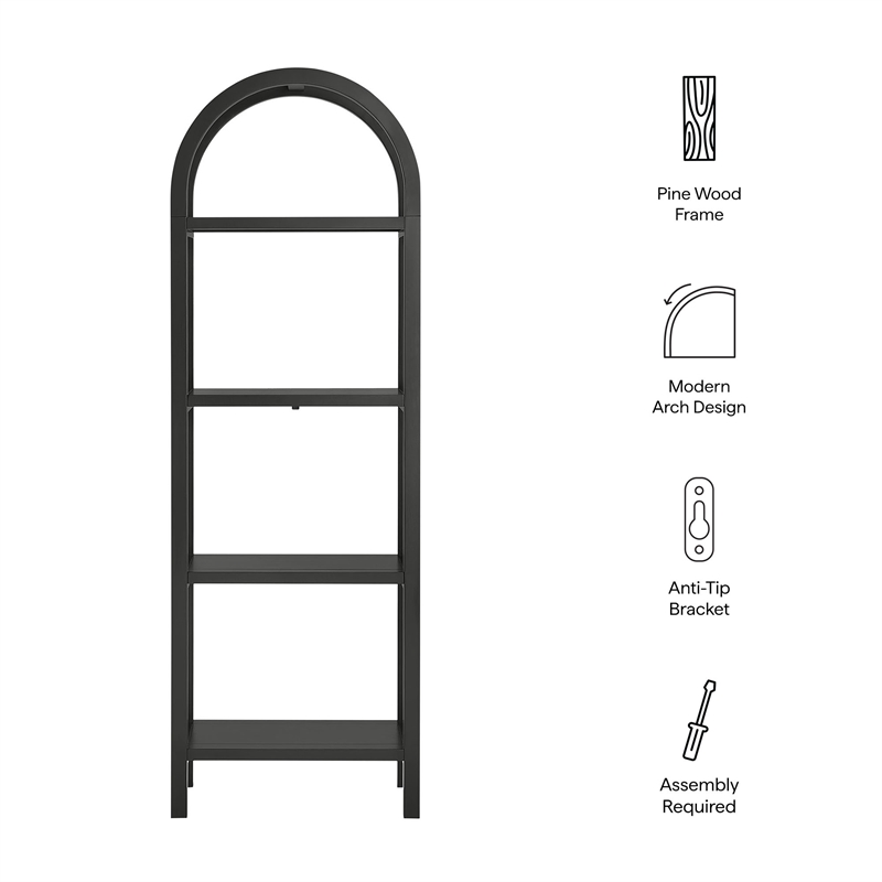 Vexley 72 Inch Tall Narrow Arched Bookshelf in Black