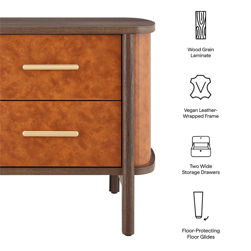 Coralie 2-Drawer Curved Vegan Leather Nightstand in Walnut Tan