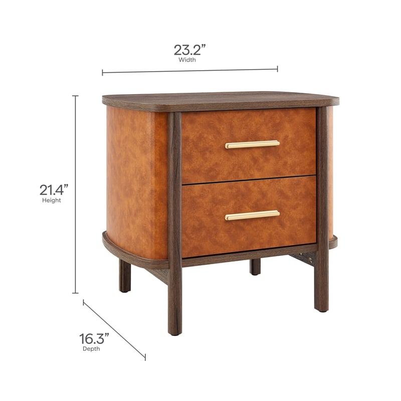 Coralie 2-Drawer Curved Vegan Leather Nightstand in Walnut Tan