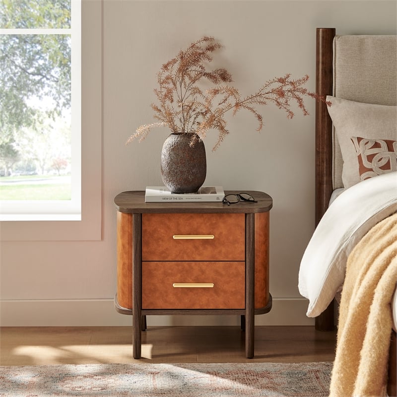 Coralie 2-Drawer Curved Vegan Leather Nightstand in Walnut Tan