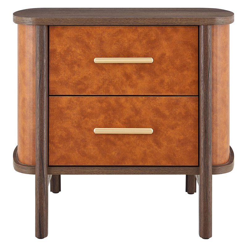 Coralie 2-Drawer Curved Vegan Leather Nightstand in Walnut Tan