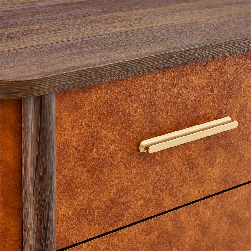 Coralie 2-Drawer Curved Vegan Leather Nightstand in Walnut Tan