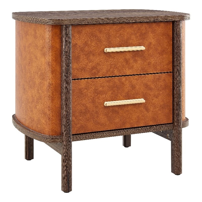 Coralie 2-Drawer Curved Vegan Leather Nightstand in Walnut Tan