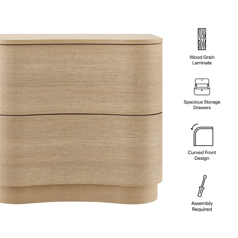 Mirae 2-Drawer Curved Nightstand in Brushed Light Oak