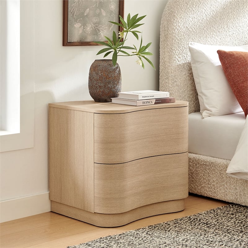 Mirae 2-Drawer Curved Nightstand in Brushed Light Oak