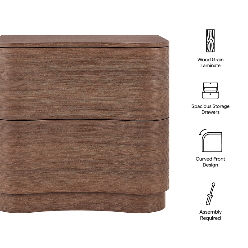 Mirae 2-Drawer Curved Nightstand in Brushed Brown Oak