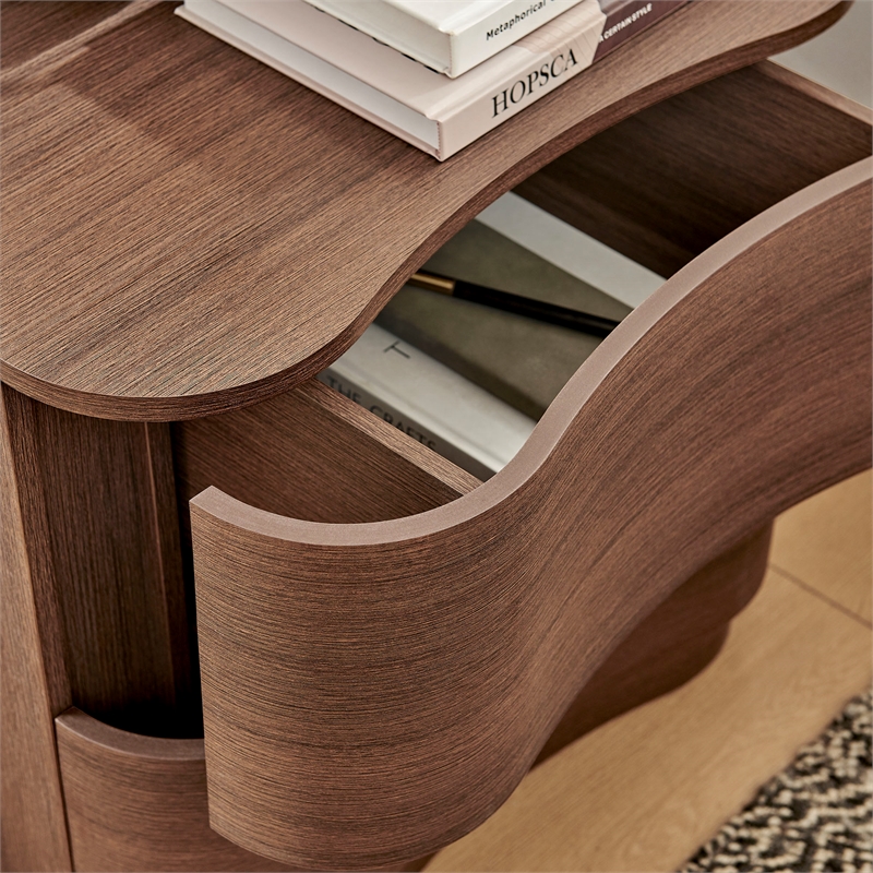 Mirae 2-Drawer Curved Nightstand in Brushed Brown Oak