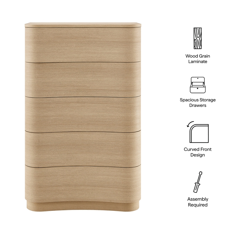 Mirae 5-Drawer Curved Dresser Chest of Drawers in Brush Light Oak