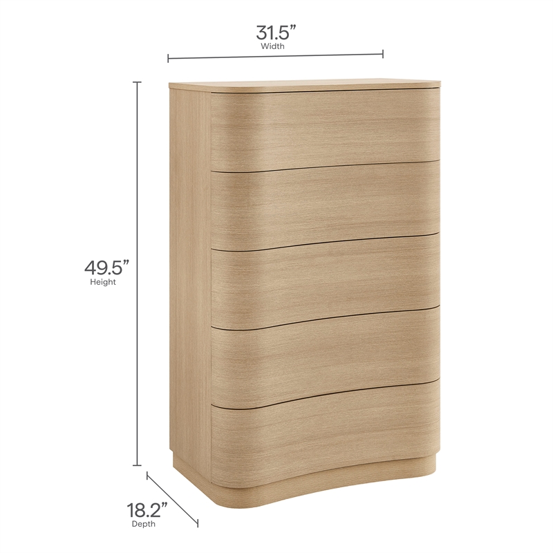 Mirae 5-Drawer Curved Dresser Chest of Drawers in Brush Light Oak