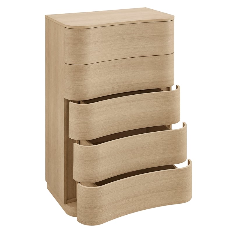 Mirae 5-Drawer Curved Dresser Chest of Drawers in Brush Light Oak