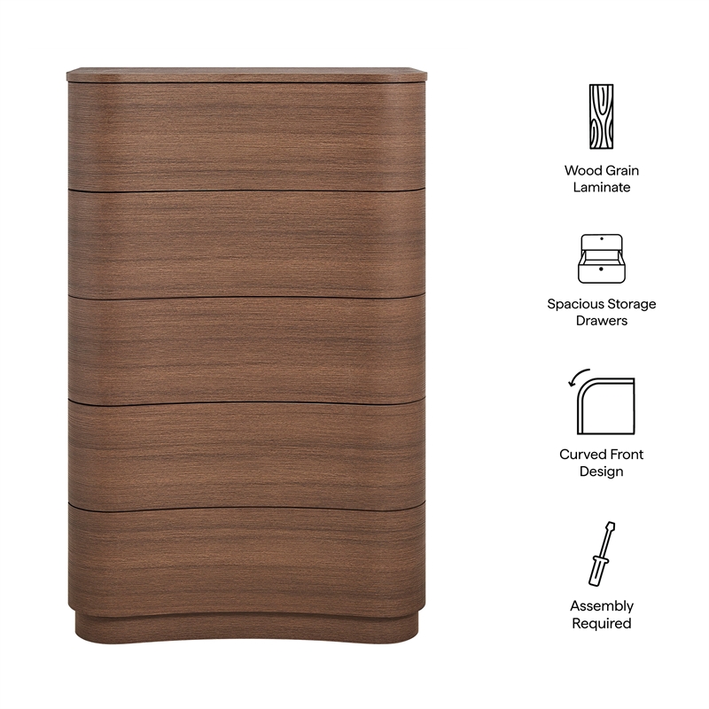Modway Mirae Engineered Wood 5-Drawer Curved Bedroom Chest in Brushed Brown Oak