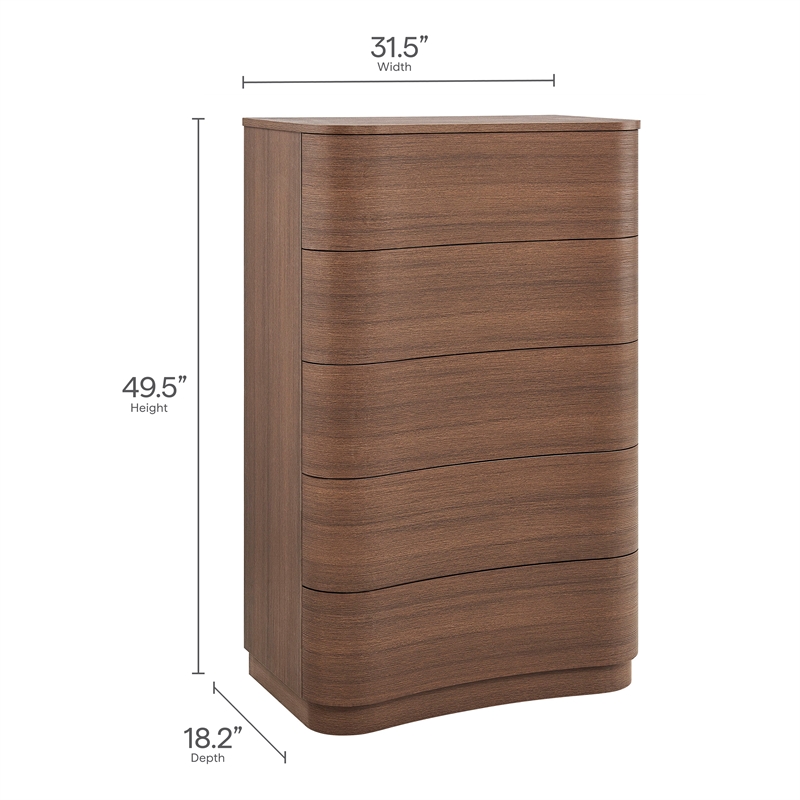 Modway Mirae Engineered Wood 5-Drawer Curved Bedroom Chest in Brushed Brown Oak