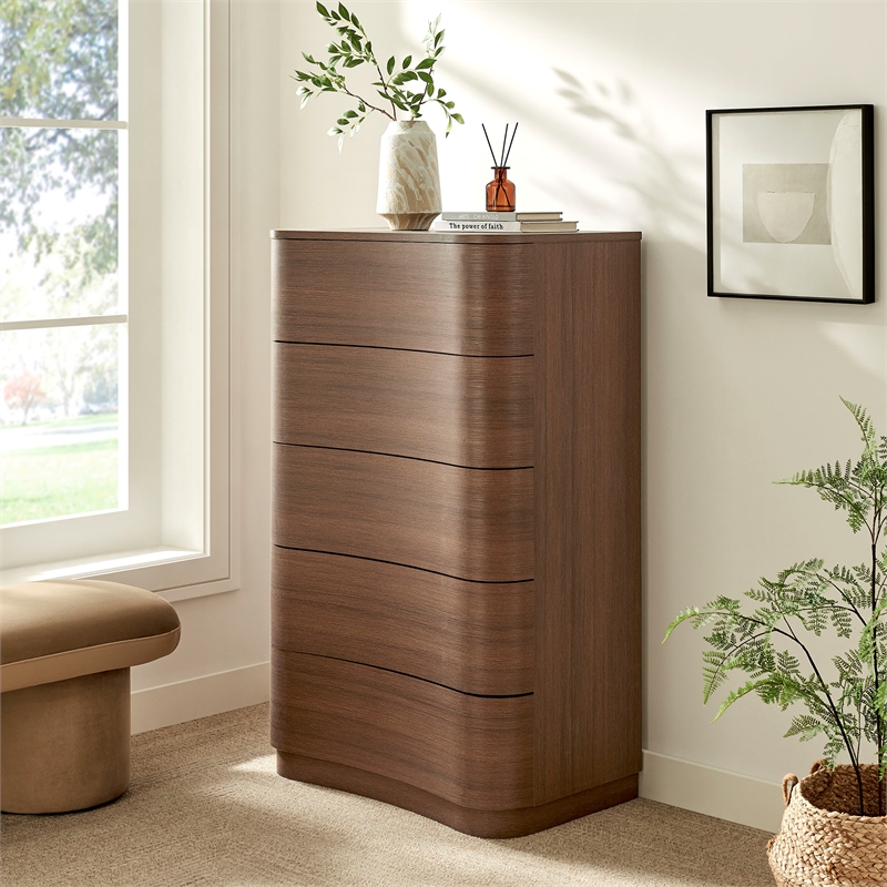 Modway Mirae Engineered Wood 5-Drawer Curved Bedroom Chest in Brushed Brown Oak