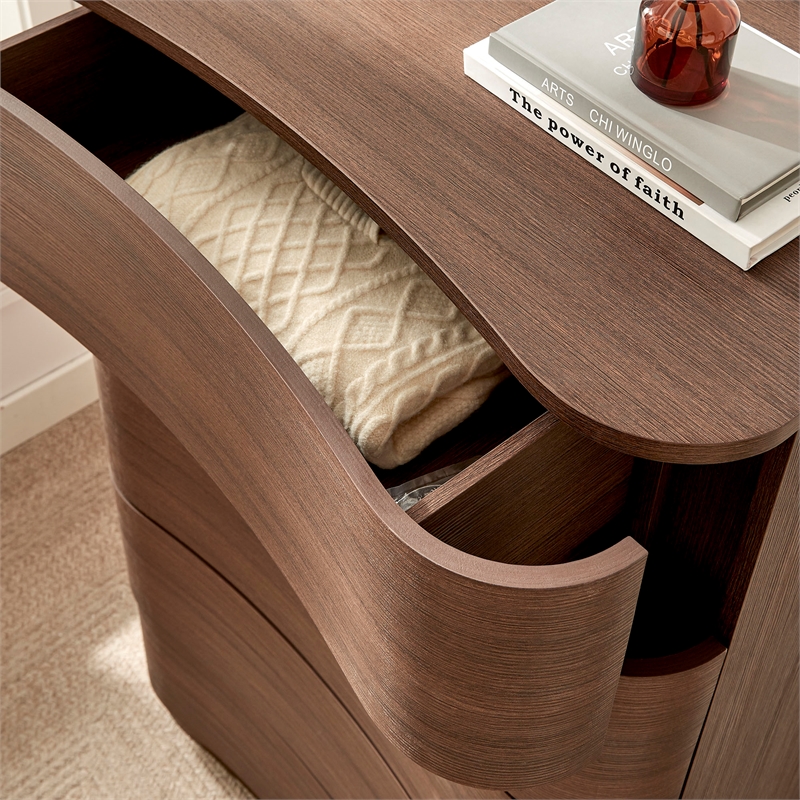 Modway Mirae Engineered Wood 5-Drawer Curved Bedroom Chest in Brushed Brown Oak