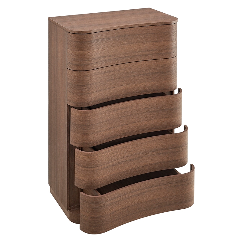 Modway Mirae Engineered Wood 5-Drawer Curved Bedroom Chest in Brushed Brown Oak