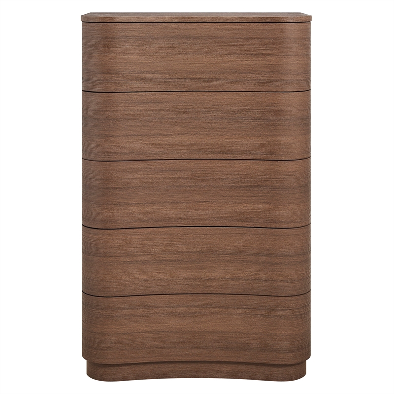 Modway Mirae Engineered Wood 5-Drawer Curved Bedroom Chest in Brushed Brown Oak