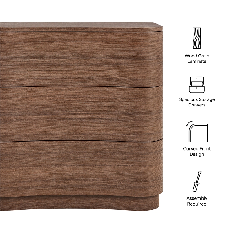 Mirae 3-Drawer Curved Compact Dresser in Brushed Brown Oak