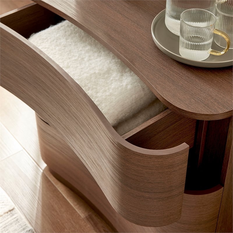 Mirae 3-Drawer Curved Compact Dresser in Brushed Brown Oak