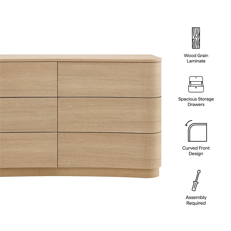 Mirae 6-Drawer Curved Dresser in Brushed Light Oak