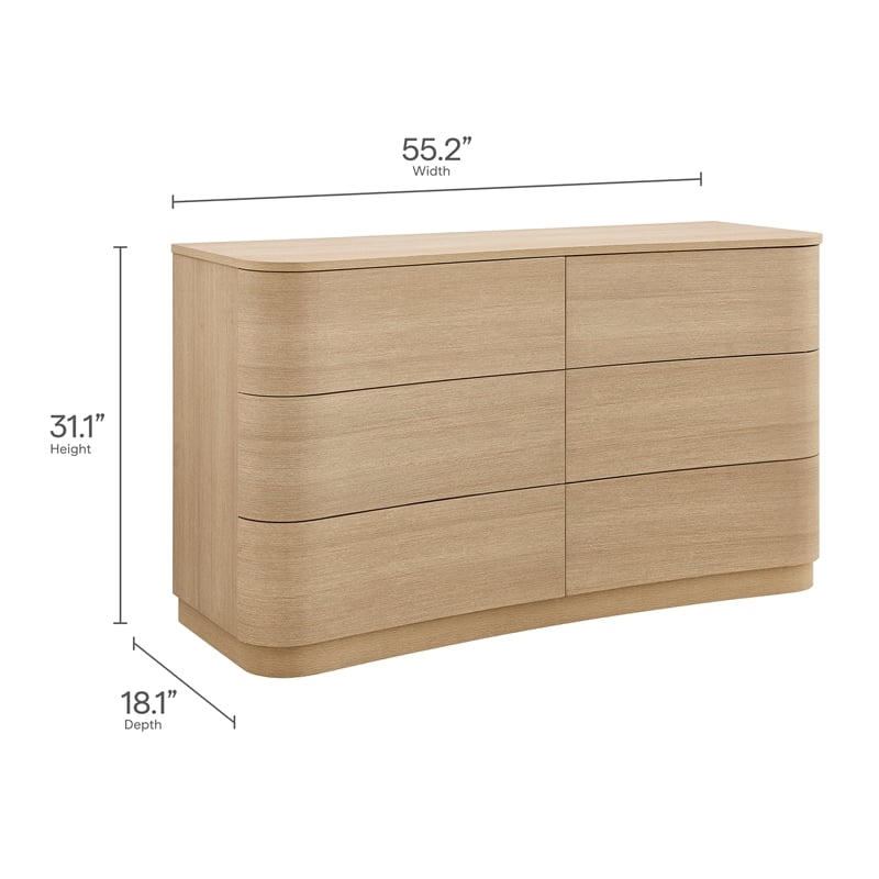 Mirae 6-Drawer Curved Dresser in Brushed Light Oak