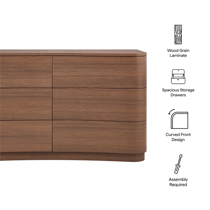 Mirae 6-Drawer Curved Dresser in Brushed Brown Oak