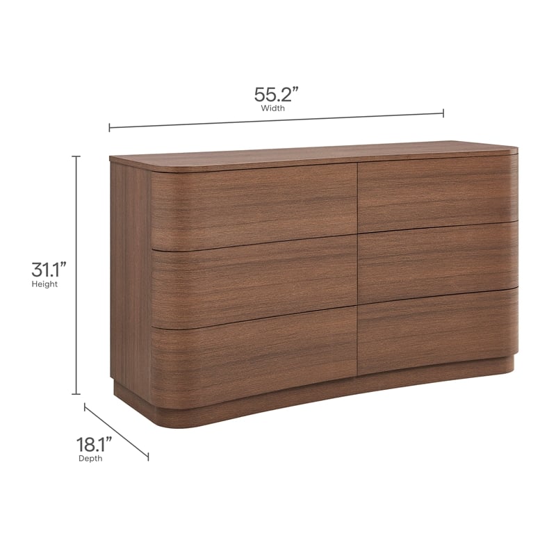 Mirae 6-Drawer Curved Dresser in Brushed Brown Oak