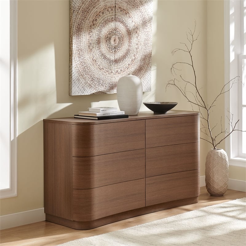 Mirae 6-Drawer Curved Dresser in Brushed Brown Oak