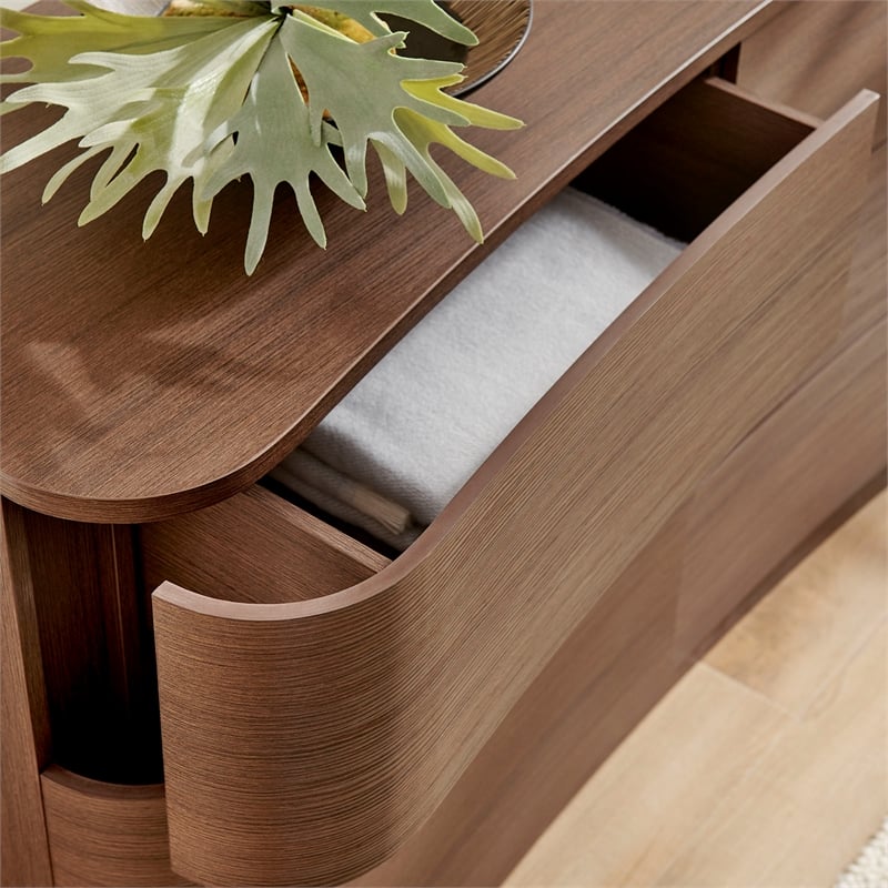 Mirae 6-Drawer Curved Dresser in Brushed Brown Oak