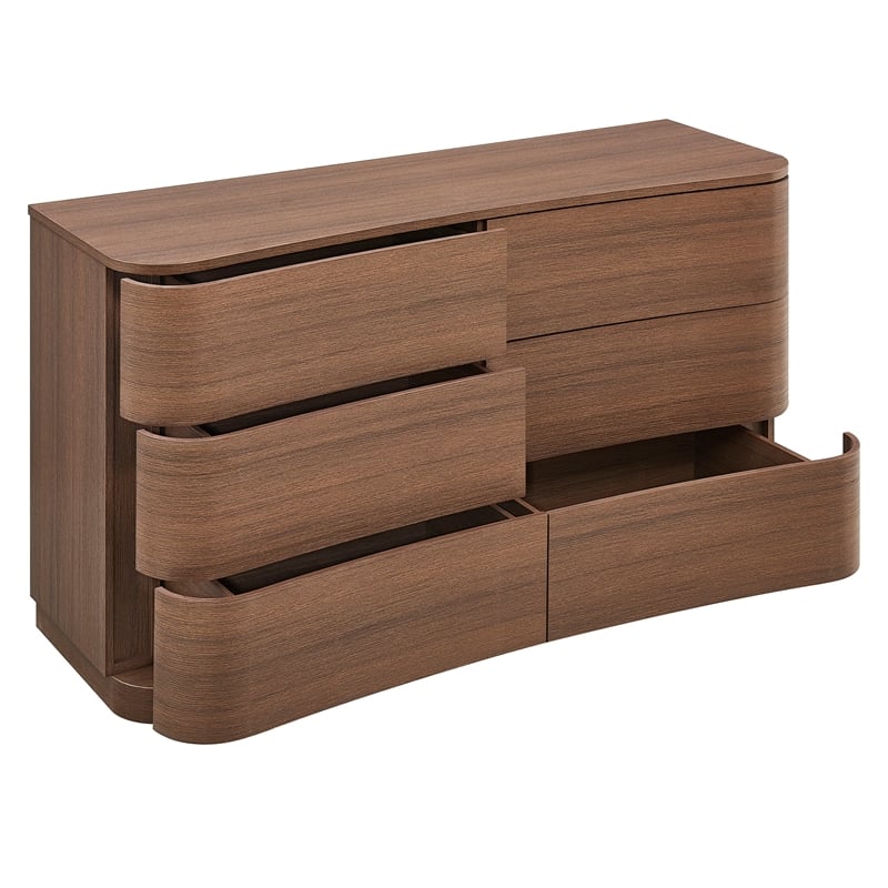 Mirae 6-Drawer Curved Dresser in Brushed Brown Oak