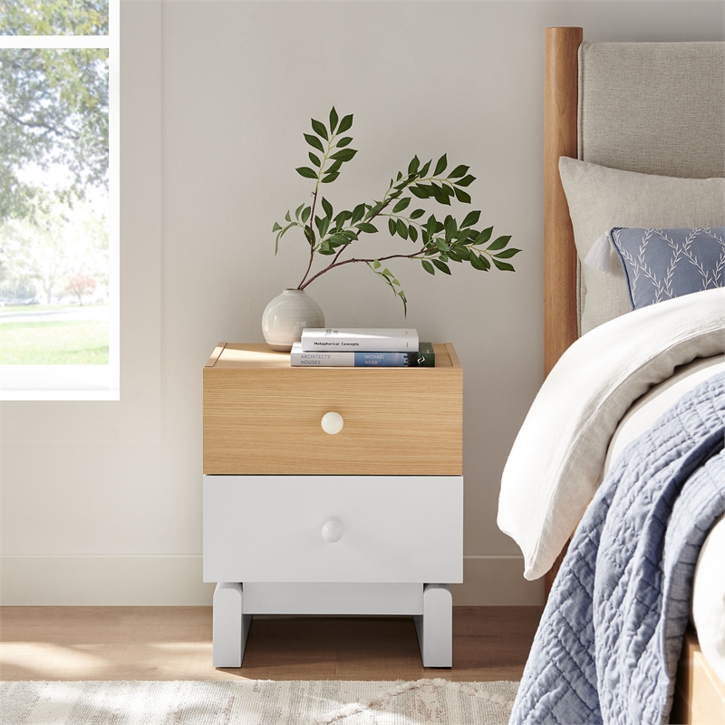 Nolia 2-Drawer Color Block Nightstand in Oak White