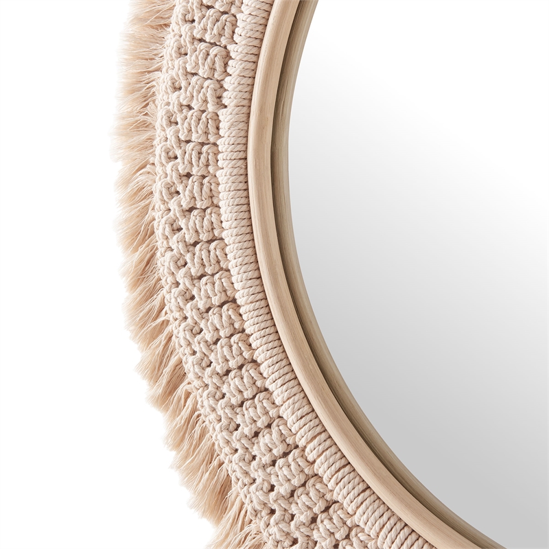 Jade Round Rattan Macrame Wall Mirror in Natural