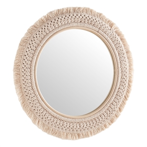 Jade Round Rattan Macrame Wall Mirror in Natural
