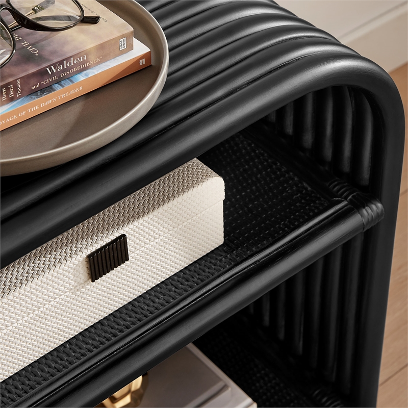 Eve Curved Natural Rattan Side Table in Black