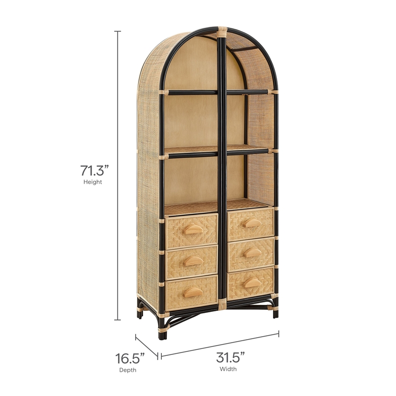 Jane 71 Inch Tall Arched Natural Rattan Bookshelf in Natural Black