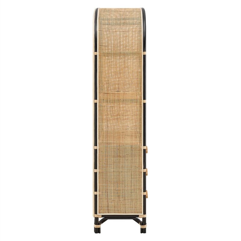 Jane 71 Inch Tall Arched Natural Rattan Bookshelf in Natural Black