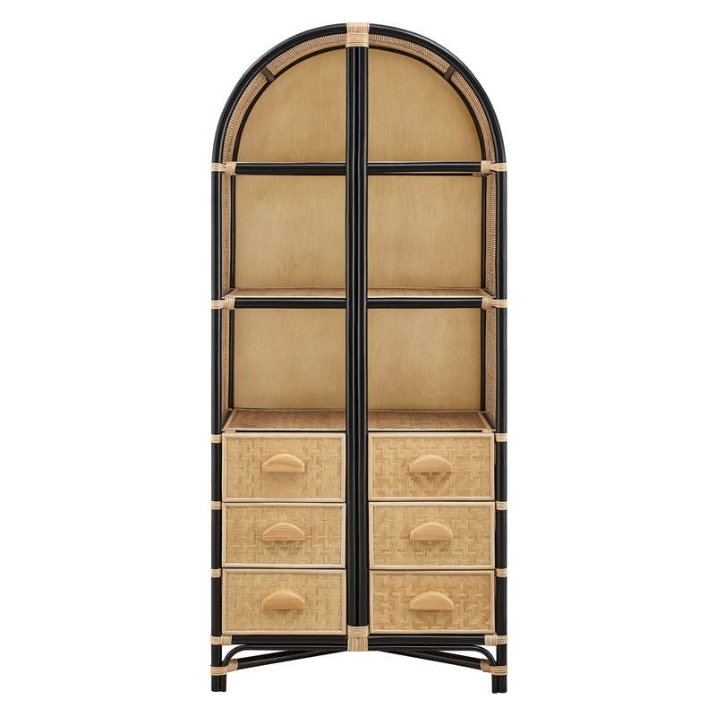 Jane 71 Inch Tall Arched Natural Rattan Bookshelf in Natural Black