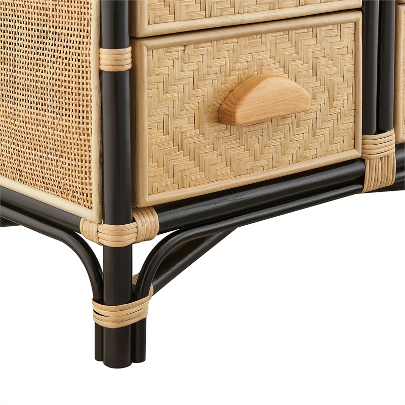 Jane 71 Inch Tall Arched Natural Rattan Bookshelf in Natural Black