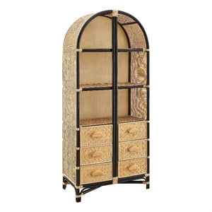 Jane 71 Inch Tall Arched Natural Rattan Bookshelf in Natural Black