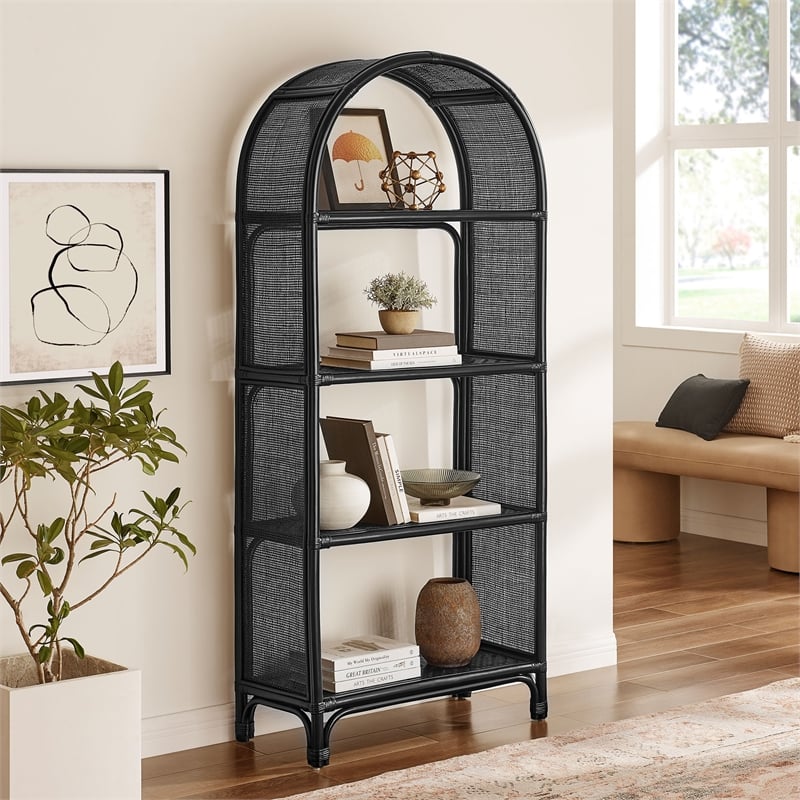 Celeste 67 Inch Tall Arched Natural Rattan Bookshelf in Black