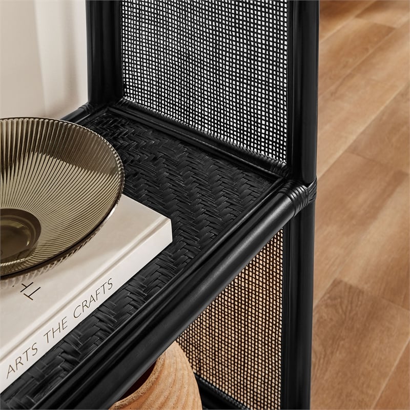 Celeste 67 Inch Tall Arched Natural Rattan Bookshelf in Black