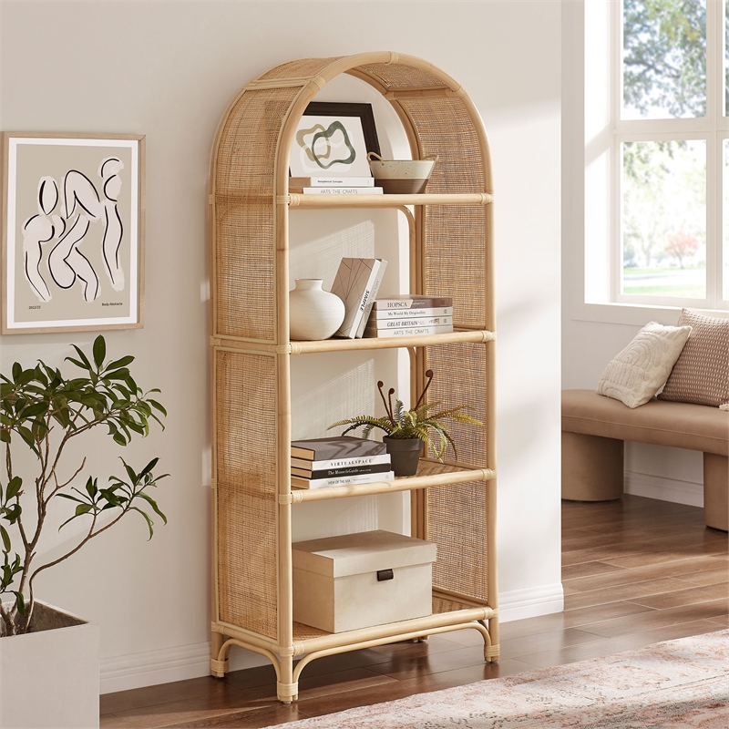 Celeste 67 Inch Tall Arched Natural Rattan Bookshelf in Natural