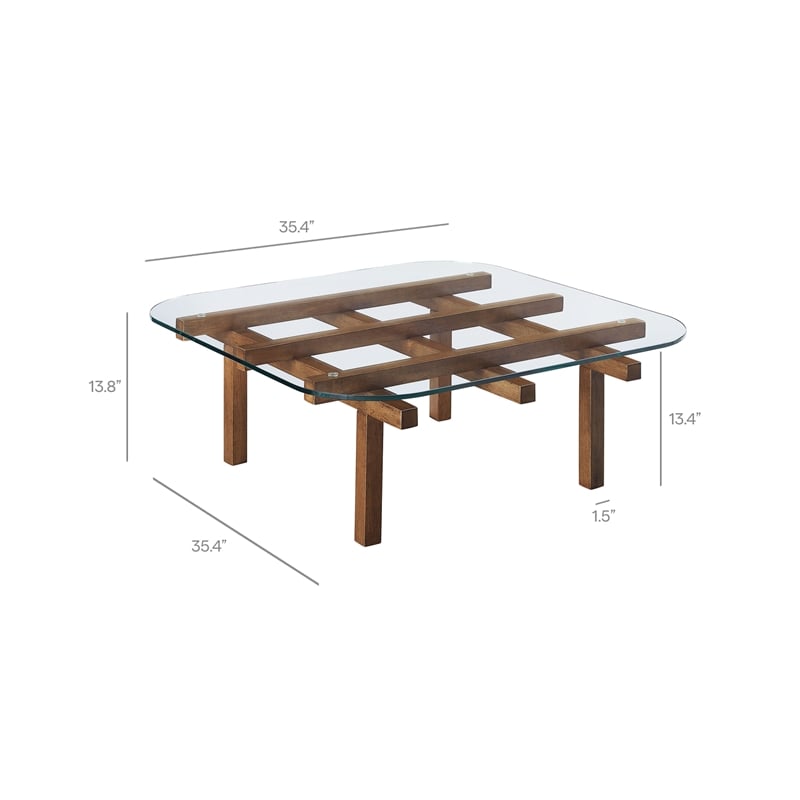 Isby 35 Inch Tempered Glass Coffee Table in Walnut