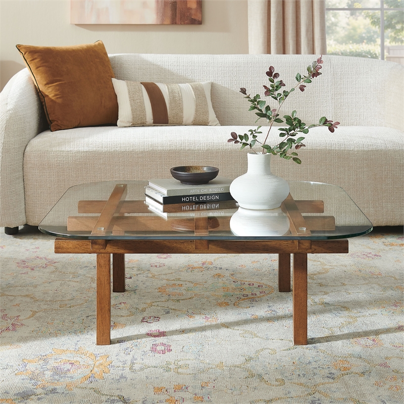 Isby 35 Inch Tempered Glass Coffee Table in Walnut