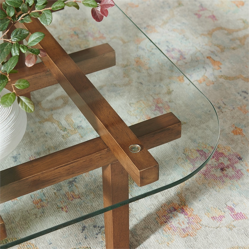 Isby 35 Inch Tempered Glass Coffee Table in Walnut