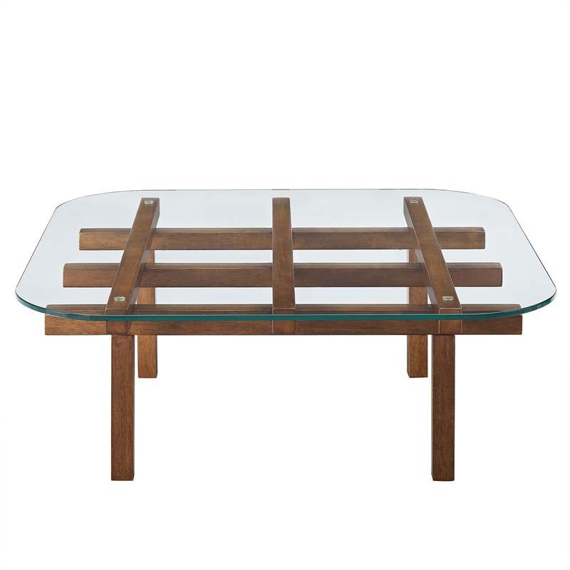 Isby 35 Inch Tempered Glass Coffee Table in Walnut