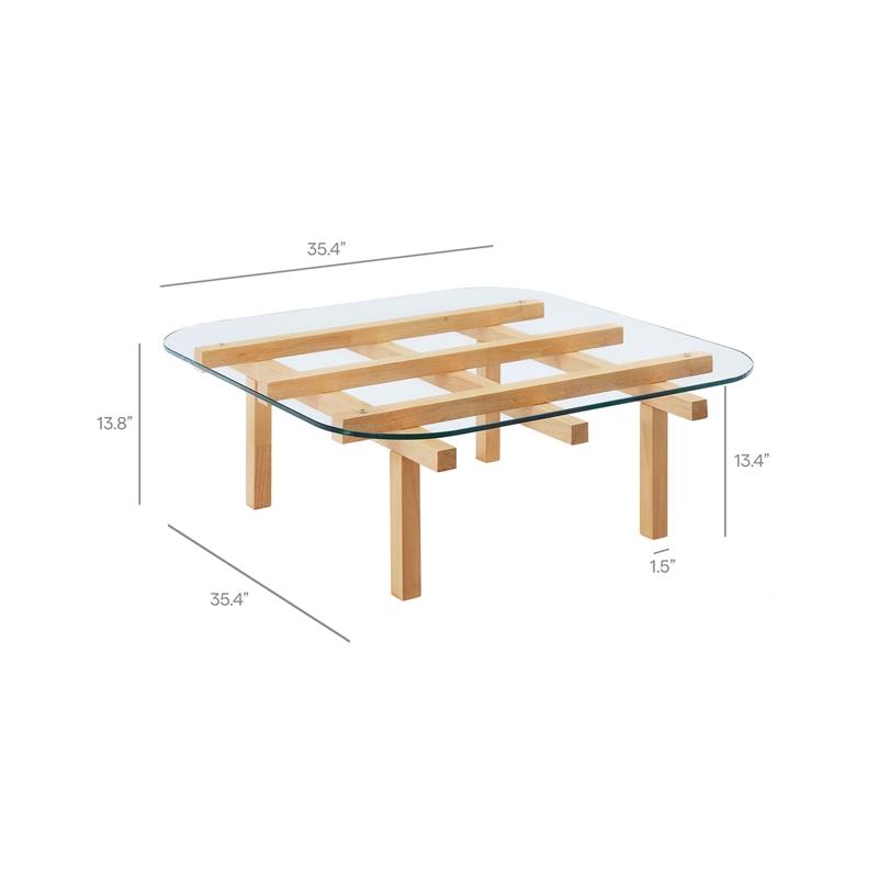 Isby 35 Inch Tempered Glass Coffee Table in Oak