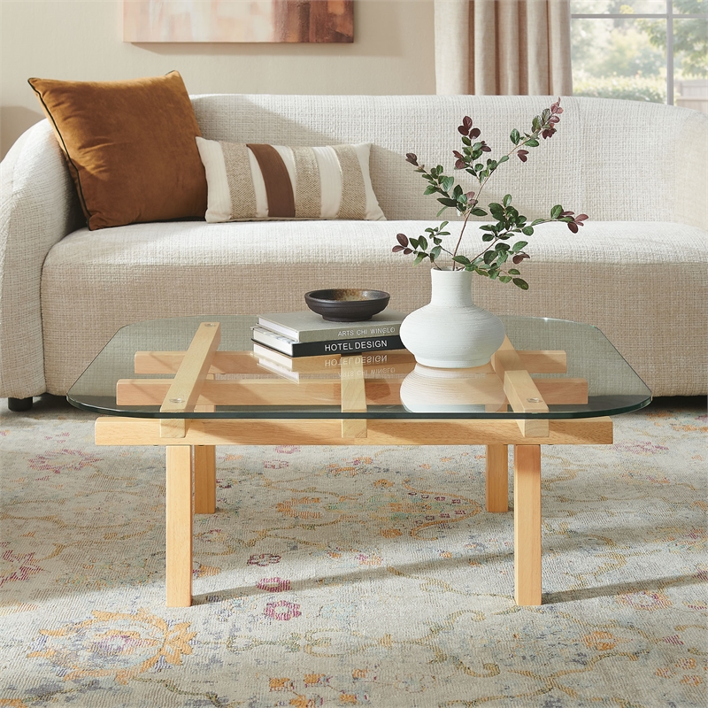 Isby 35 Inch Tempered Glass Coffee Table in Oak