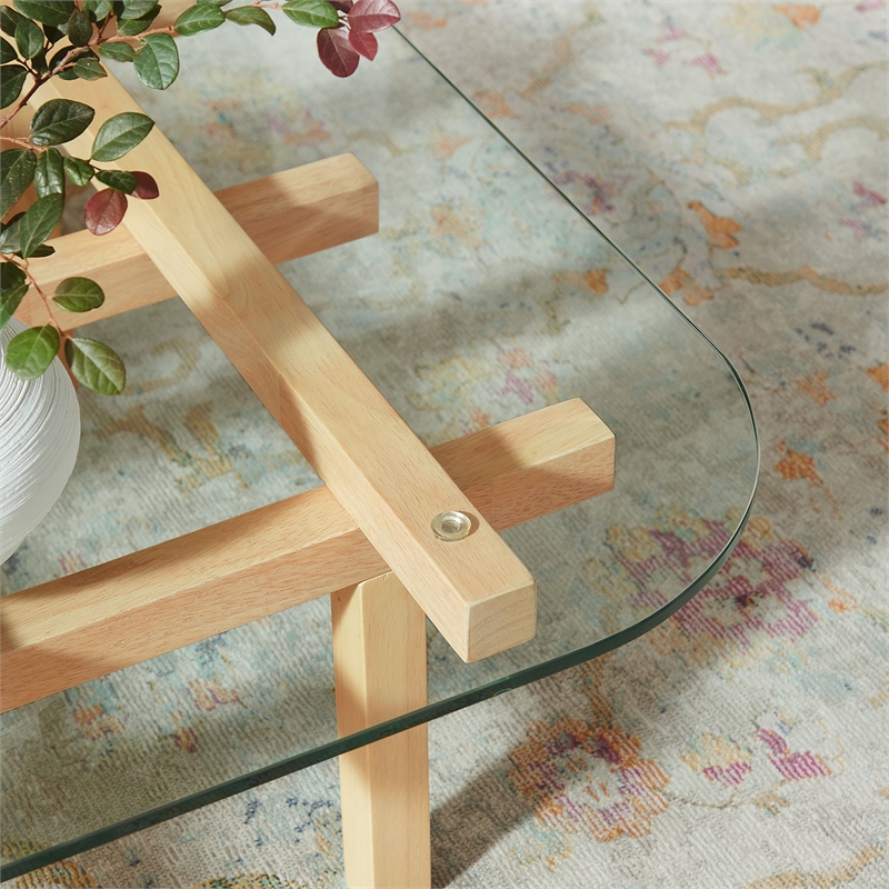 Isby 35 Inch Tempered Glass Coffee Table in Oak